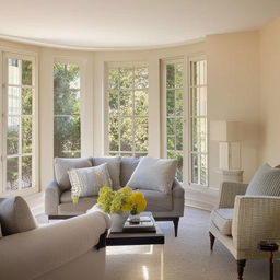 A contemporary residential interior showcasing a cozy living room with tastefully furnished elements, complementary color schemes, enhancing natural light through large French windows overlooking a lush courtyard.