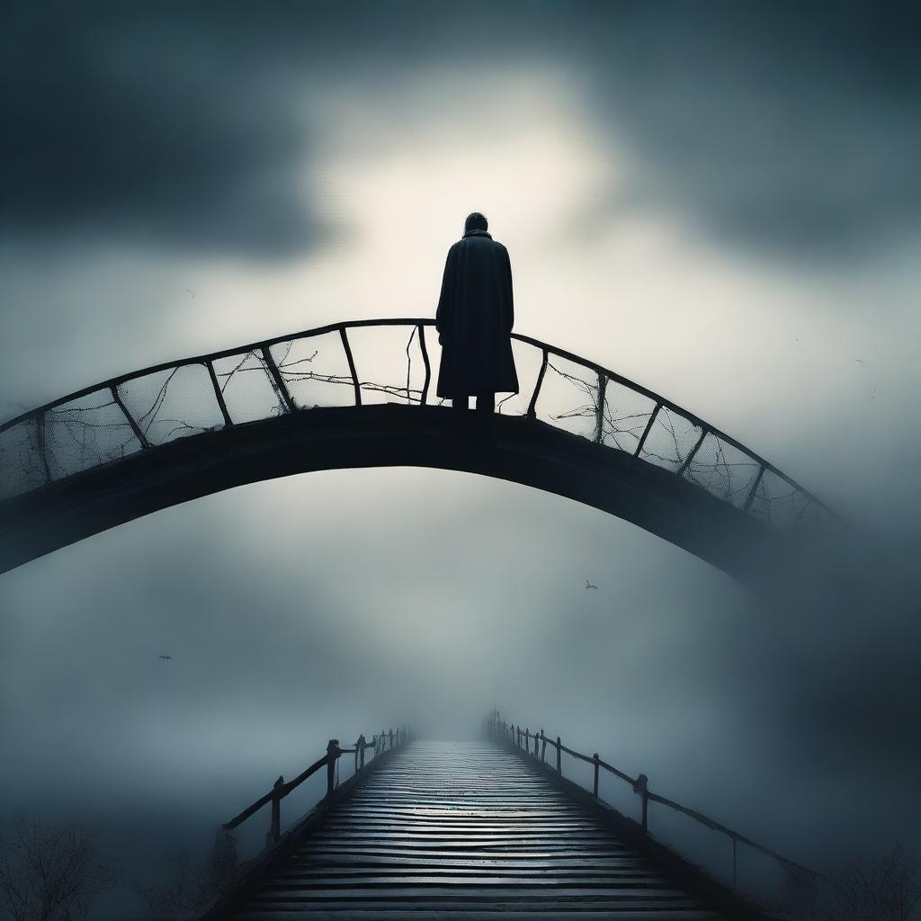 A dramatic and surreal scene titled 'Crooked Teeth Rising,' featuring a man standing on a bridge