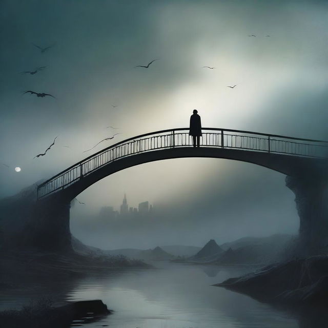 A dramatic and surreal scene titled 'Crooked Teeth Rising,' featuring a man standing on a bridge