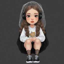 A cute cartoon drawing of a girl with clipped light brown hair, a veil on her head, black aesthetic earbuds, a fish net on her leg, and black oversized warmers on her arms.