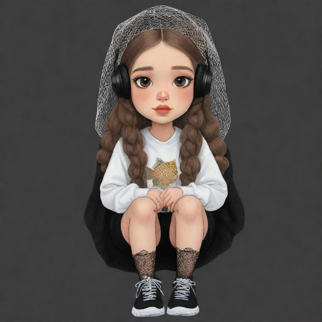 A cute cartoon drawing of a girl with clipped light brown hair, a veil on her head, black aesthetic earbuds, a fish net on her leg, and black oversized warmers on her arms.