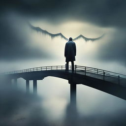 A dramatic and surreal scene titled 'Crooked Teeth Rising,' featuring a man standing on a bridge