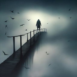 A dramatic and surreal scene titled 'Crooked Teeth Rising,' featuring a man standing on a bridge