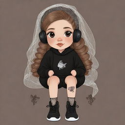 A cute cartoon drawing of a girl with clipped light brown hair, a veil on her head, black aesthetic earbuds, a fish net on her leg, and black oversized warmers on her arms.