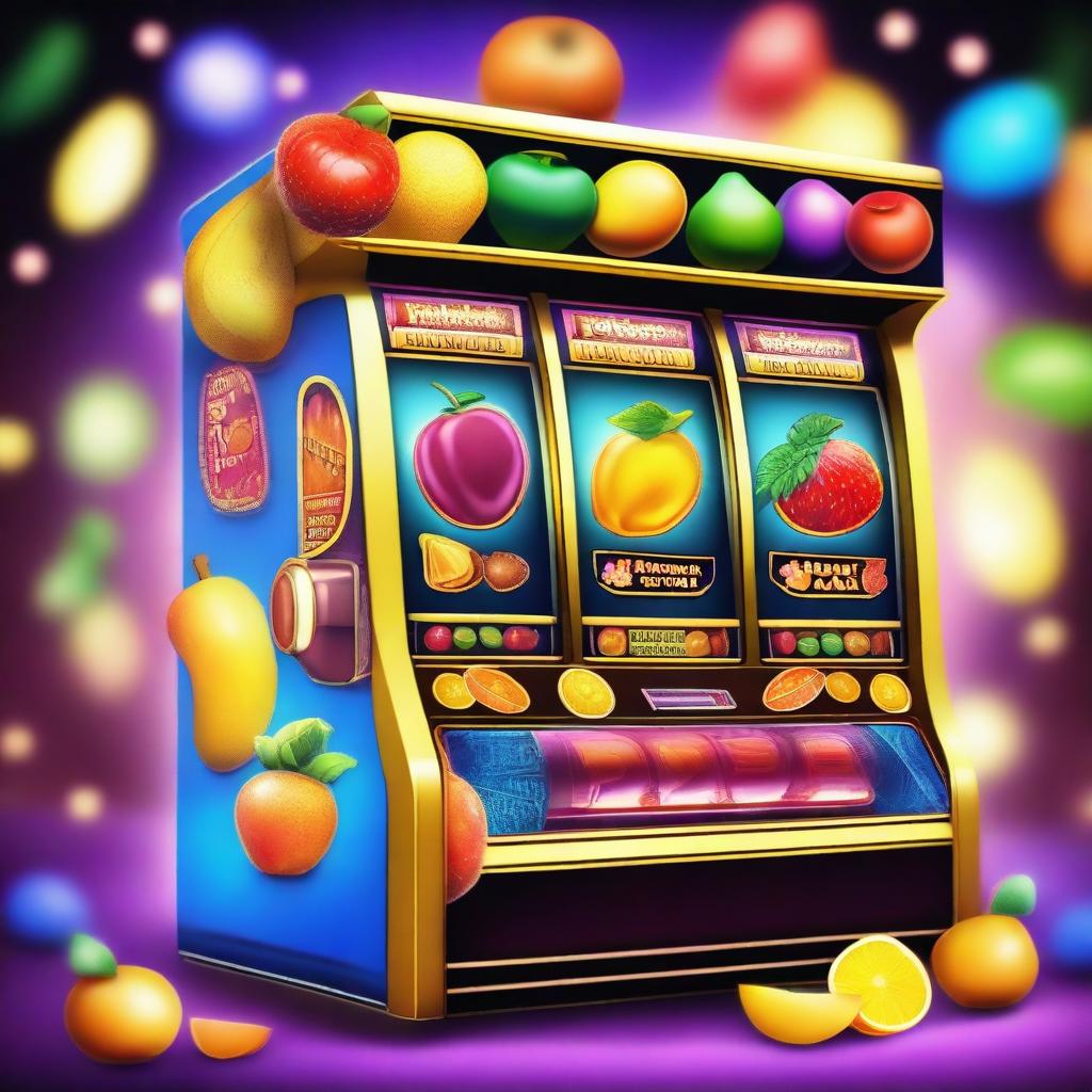 A colorful and vibrant slot machine with various fruits and symbols on the reels