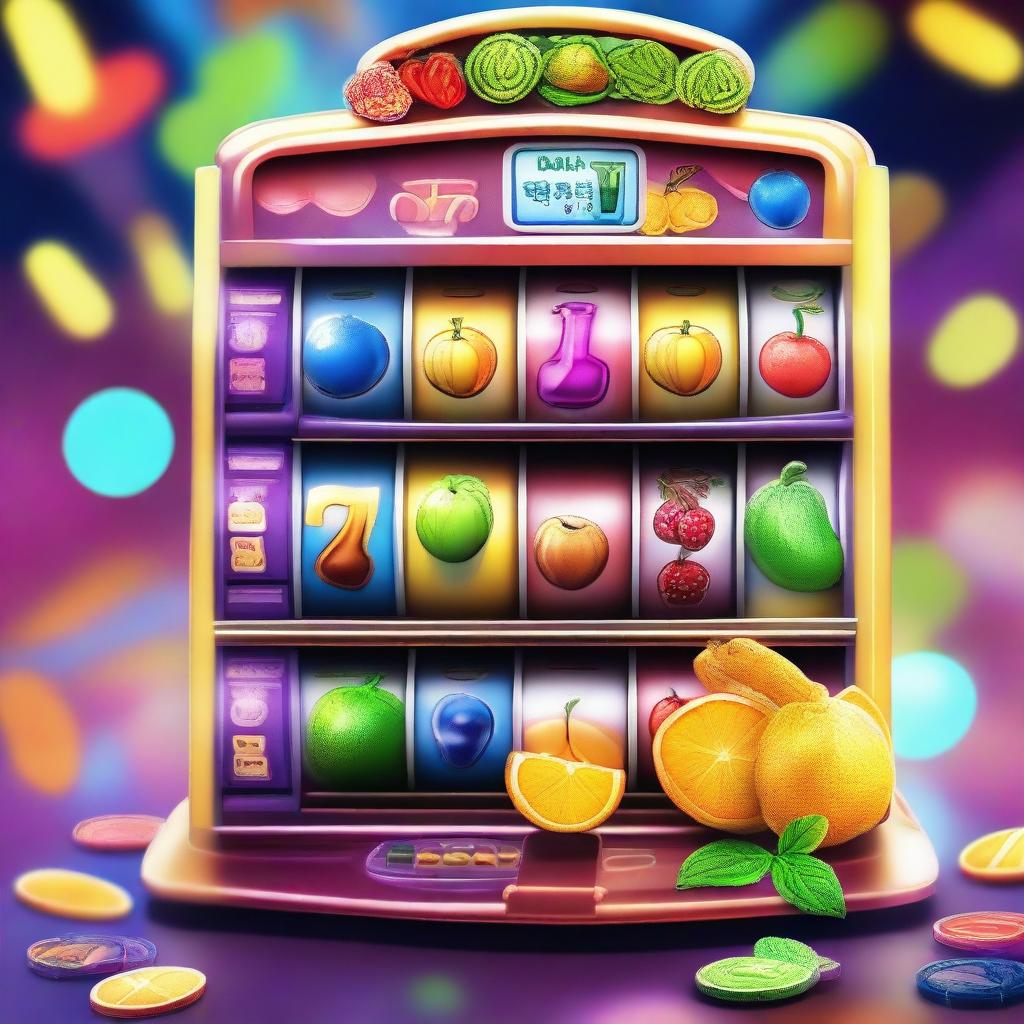 A colorful and vibrant slot machine with various fruits and symbols on the reels