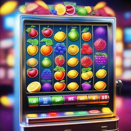 A colorful and vibrant slot machine with various fruits and symbols on the reels