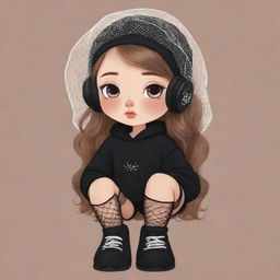 A cute cartoon drawing of a girl with clipped light brown hair, a veil on her head, black aesthetic earbuds, a fish net on her leg, and black oversized warmers on her arms.