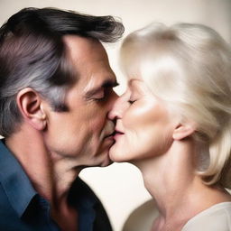 A dark-haired man gently kissing a blonde older woman on the lips