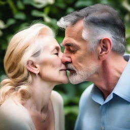 A dark-haired man gently kissing a blonde older woman on the lips