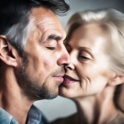 A dark-haired man gently kissing a blonde older woman on the lips