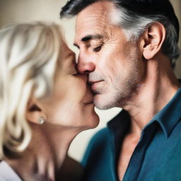 A dark-haired man gently kissing a blonde older woman on the lips