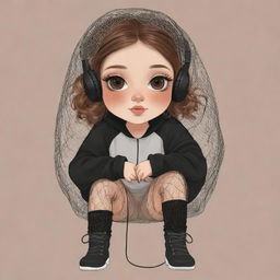 A cute cartoon drawing of a girl with clipped light brown hair, a veil on her head, black aesthetic earbuds, a fish net on her leg, and black oversized warmers on her arms.