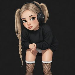 A cute cartoon drawing of a girl with a clipped light brown ponytail, blonde hair, a veil on her head, black aesthetic earbuds, a fish net on her leg, and black oversized warmers on her arms.