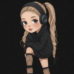 A cute cartoon drawing of a girl with a clipped light brown ponytail, blonde hair, a veil on her head, black aesthetic earbuds, a fish net on her leg, and black oversized warmers on her arms.