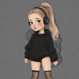 A cute cartoon drawing of a girl with a clipped light brown ponytail, blonde hair, a veil on her head, black aesthetic earbuds, a fish net on her leg, and black oversized warmers on her arms.