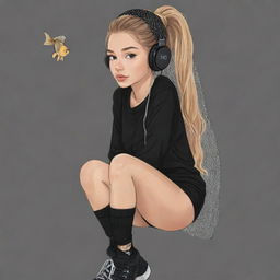 A cute cartoon drawing of a girl with a clipped light brown ponytail, blonde hair, a veil on her head, black aesthetic earbuds, a fish net on her leg, and black oversized warmers on her arms.