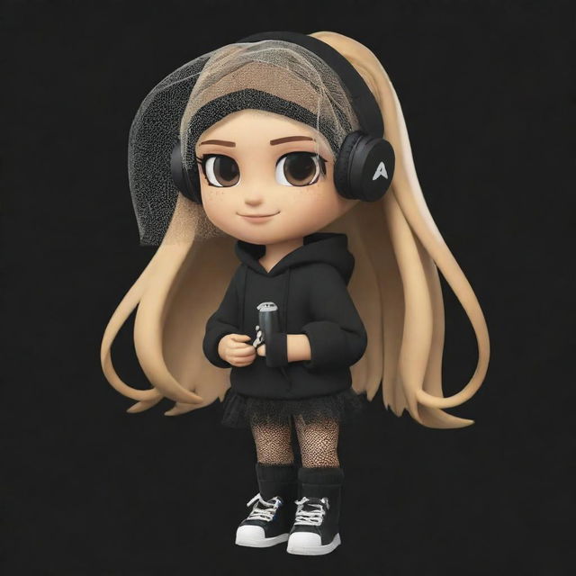 A cute Roblox-themed cartoon drawing of a girl with a clipped light brown ponytail, blonde hair, wearing a veil. She has black aesthetic earbuds, a fish net on her leg, and black oversized warmers on her arms.