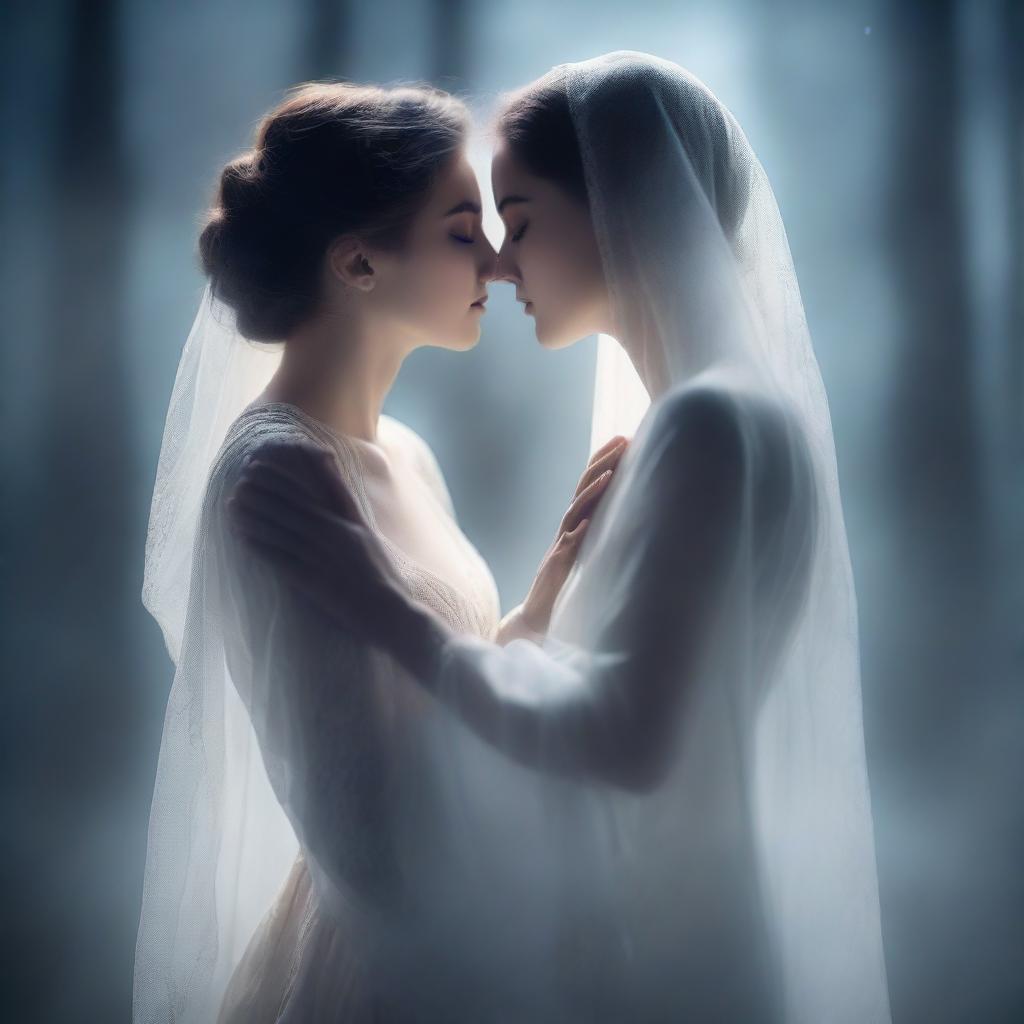 A woman gently kissing a ghost