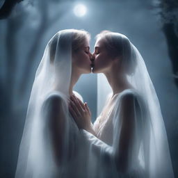 A woman gently kissing a ghost