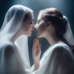 A woman gently kissing a ghost