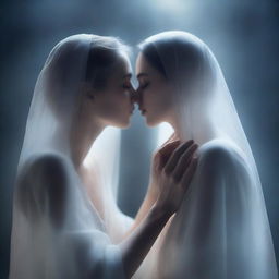 A woman gently kissing a ghost