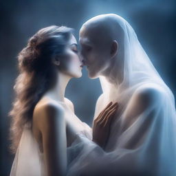 A woman gently kissing a male ghost