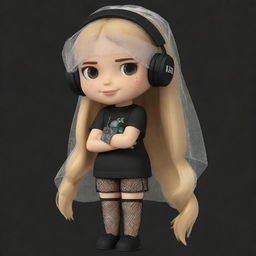 A cute Roblox-themed cartoon drawing of a girl with a clipped light brown ponytail, blonde hair, wearing a veil. She has black aesthetic earbuds, a fish net on her leg, and black oversized warmers on her arms.