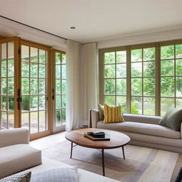 A contemporary residential interior showcasing a cozy living room with tastefully furnished elements, complementary color schemes, enhancing natural light through large French windows overlooking a lush courtyard.