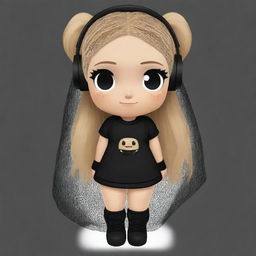 A cute Roblox-themed cartoon drawing of a girl with a clipped light brown ponytail, blonde hair, wearing a veil. She has black aesthetic earbuds, a fish net on her leg, and black oversized warmers on her arms.