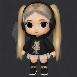 A cute Roblox-themed cartoon drawing of a girl with a clipped light brown ponytail, blonde hair, wearing a veil. She has black aesthetic earbuds, a fish net on her leg, and black oversized warmers on her arms.