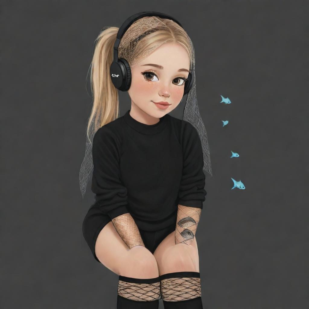 A cute cartoon drawing of a girl with a clipped light brown ponytail, blonde hair, a veil on her head, black aesthetic earbuds, a fish net on her leg, and black oversized warmers on her arms.