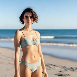 A 25-year-old woman with short hair standing on the beach wearing a bikini, with a neutral expression on her face