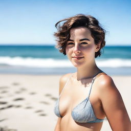 A 25-year-old woman with short hair standing on the beach wearing a bikini, with a neutral expression on her face