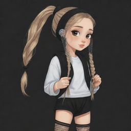 A cute cartoon drawing of a girl with a clipped light brown ponytail, blonde hair, a veil on her head, black aesthetic earbuds, a fish net on her leg, and black oversized warmers on her arms.