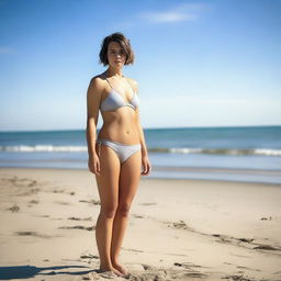 A 25-year-old woman with short hair standing on the beach wearing a bikini, shown in full length, with a neutral expression on her face