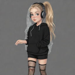 A cute cartoon drawing of a girl with a clipped light brown ponytail, blonde hair, a veil on her head, black aesthetic earbuds, a fish net on her leg, and black oversized warmers on her arms.