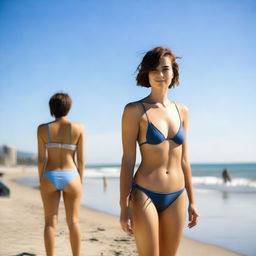 A 25-year-old woman with short hair standing on the beach wearing a bikini, shown in full length, with a neutral expression on her face