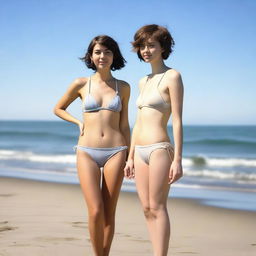 A 25-year-old woman with short hair standing on the beach wearing a bikini, shown in full length, with a neutral expression on her face