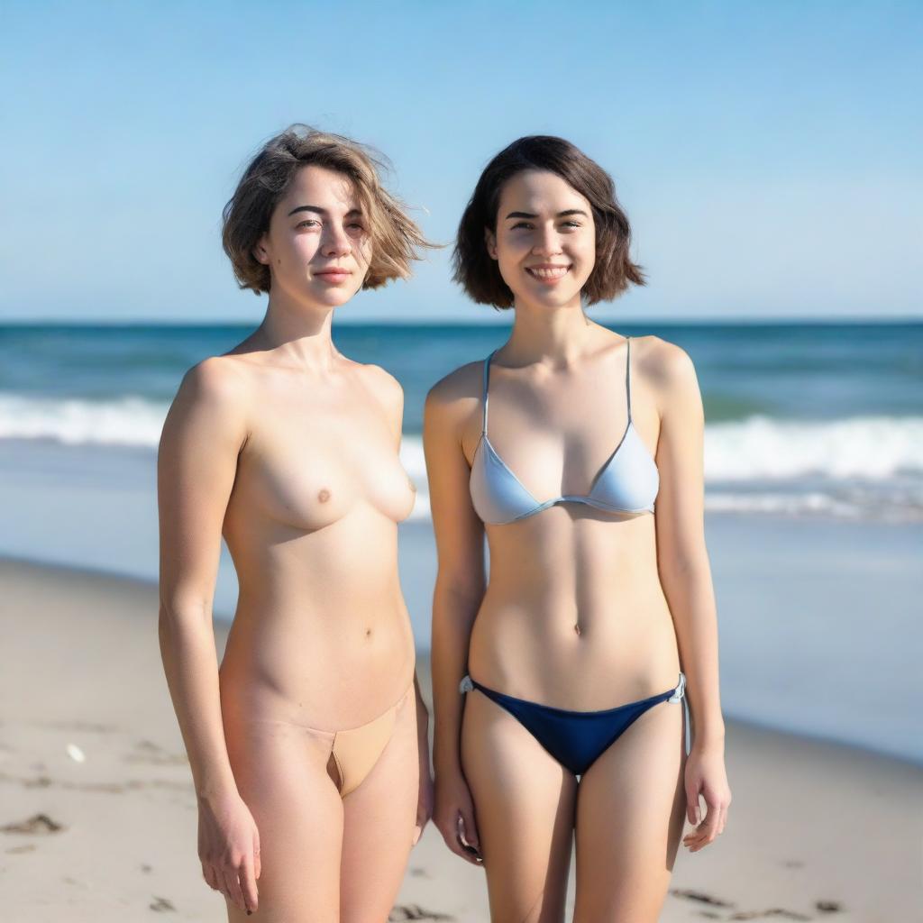 A 25-year-old woman with short hair standing on the beach wearing a bikini, with a neutral expression on her face