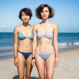 A 25-year-old woman with short hair standing on the beach wearing a bikini, with a neutral expression on her face