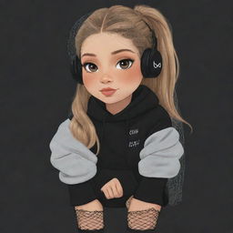 A cute cartoon drawing of a girl with a clipped light brown ponytail, blonde hair, a veil on her head, black aesthetic earbuds, a fish net on her leg, and black oversized warmers on her arms.