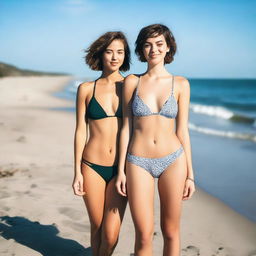 Two 25-year-old women on the beach wearing bikinis