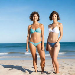 Two 25-year-old women on the beach wearing bikinis