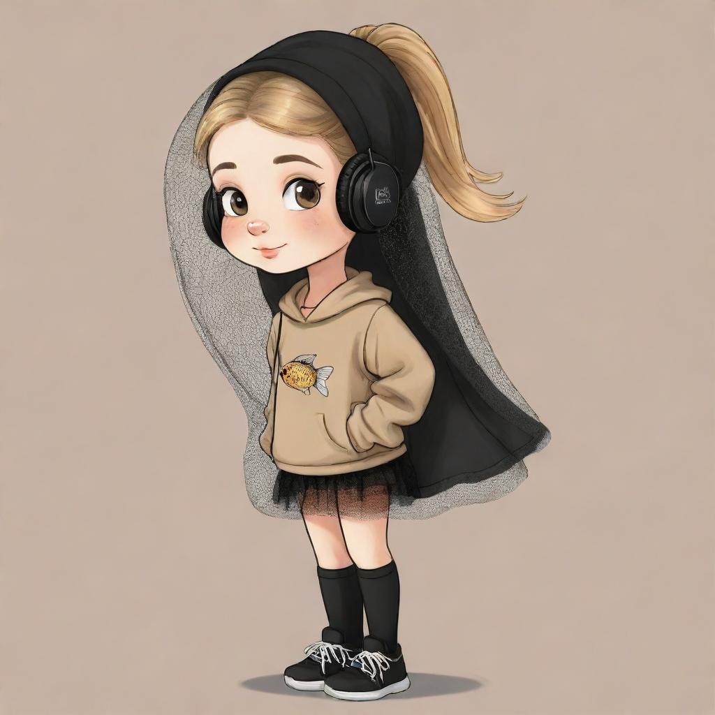 A charming cartoon drawing for kids featuring a girl with a clipped light brown ponytail, blonde hair, a veil on her head, black aesthetic earbuds, a fish net on her leg, and black oversized warmers on her arms.