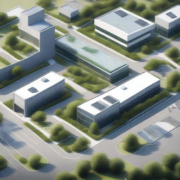 A detailed view of an industrial park featuring five modern buildings