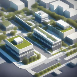 A detailed view of an industrial park featuring five modern buildings