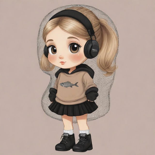 A charming cartoon drawing for kids featuring a girl with a clipped light brown ponytail, blonde hair, a veil on her head, black aesthetic earbuds, a fish net on her leg, and black oversized warmers on her arms.