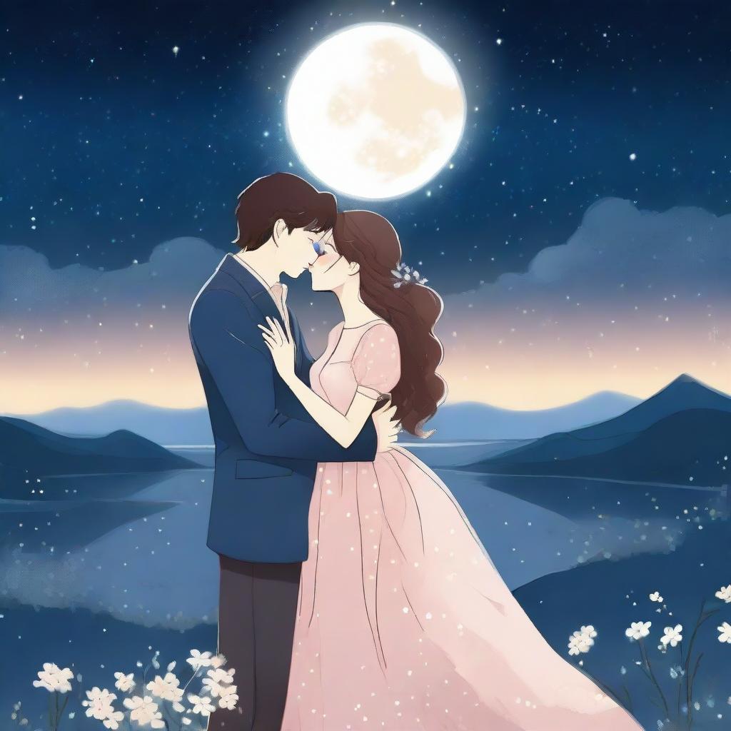 A romantic scene where two characters are sharing a gentle kiss under the moonlight