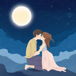 A romantic scene where two characters are sharing a gentle kiss under the moonlight